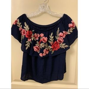 3/$10 Navy Blue Floral Appliqué Off-the-Shoulder Top